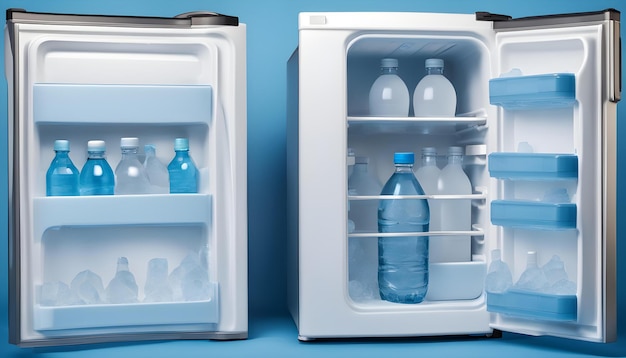 Refrigerador de viaje con botellas de agua y cubos de hielo