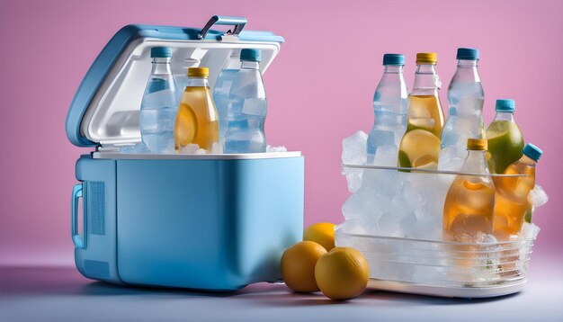 Foto refrigerador de viaje con botellas de agua y cubos de hielo