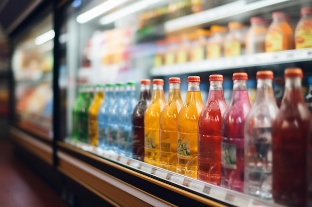 Foto refrigeradores de supermercado exibindo garrafas de refrigerante formando um fundo abstrato desfocado