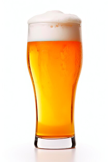 Foto refrigerante amber beer pint glass com cabeça espumosa isolada em fundo branco