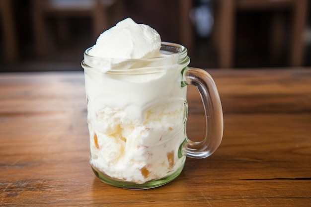 Refrigerante cremoso em uma caneca sobre uma mesa de madeira