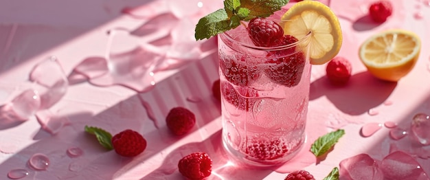 refrigerante de framboesa e limão em fundo rosa com framboesas
