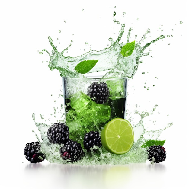 Refrigerante refrescante Blackberry e Lime Splash em um fundo branco