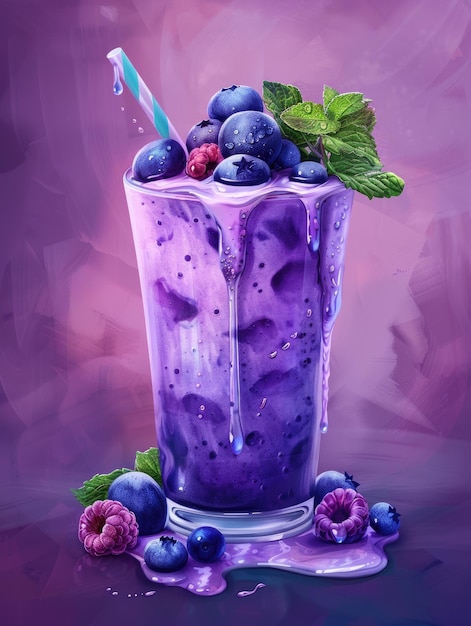 Refrigerante smoothie de mirtilo com condensação gotejando do vidro Bebida de verão com frutas frescas