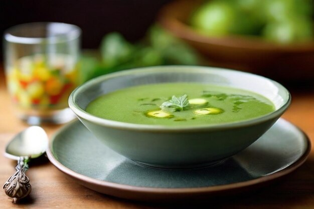 Foto refrigerante sopa de verão de gazpacho verde herbáceo