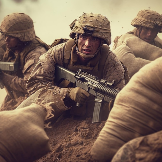 Foto refugando-se atrás de sacos de areia, os soldados exibem a sua determinação inabalável, prontos para proteger o seu comando.