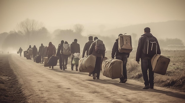 Refugiados com bagagem a caminhar em fila