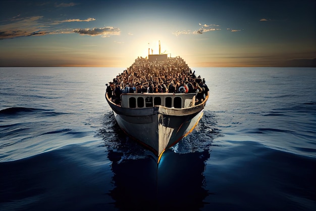 Foto refugiados em barco atravessando o mar