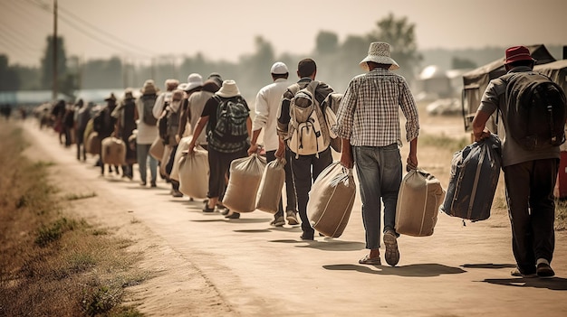 Refugiados con equipaje caminando en fila