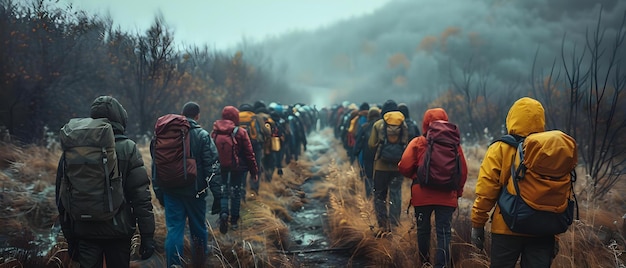 Refugiados en fila en el cruce fronterizo durante una crisis humanitaria en busca de seguridad Concepto Refugiados que cruzan la frontera Crisis humanitaria que buscan seguridad Cuestión global