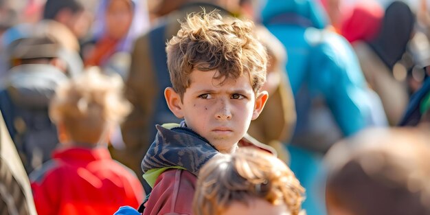 Refugiados y niños convergen en un área abarrotada en medio de una crisis económica Concepto de refugiados Niños en un área aglomerada Crisis económica