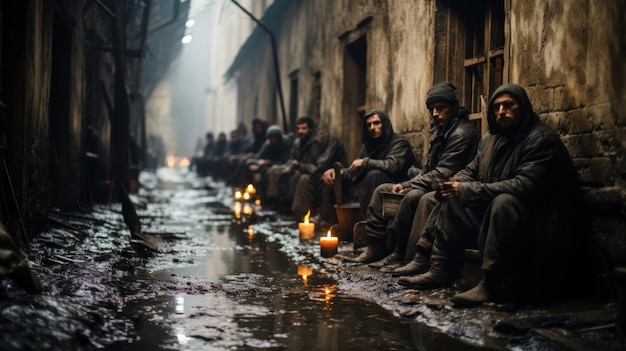 Refugiados sentados num beco escuro com velas durante a viagem pela Rota dos Balcãs