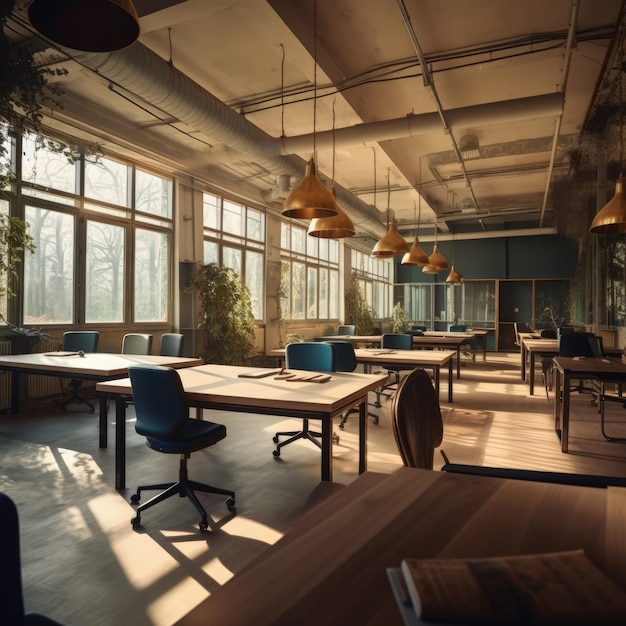 Refúgio de Produtividade Sala espaçosa com abundância de mesas, cadeiras e grande janela