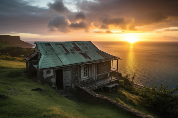 Refúgio em uma ilha remota com vista para o nascer do sol sobre o oceano criado com inteligência artificial generativa