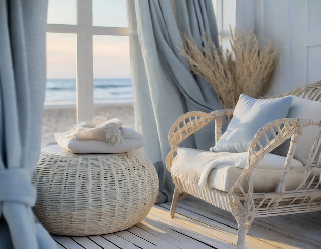 Refugio de relajación costera con un toque femenino Azules suaves blancos costeros Muebles de mimbre playainspi