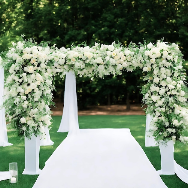 Un refugio sereno para bodas adornado con flores blancas y vegetación verde que prepara el escenario para una