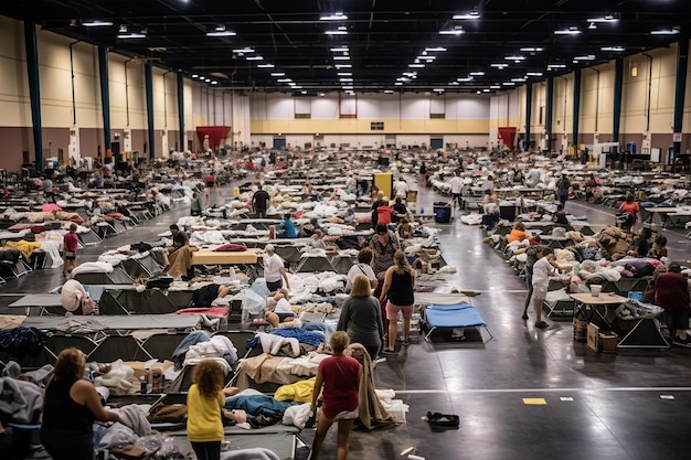 Refugios de emergencia y centros de evacuación llenos de residentes desplazados durante un huracán