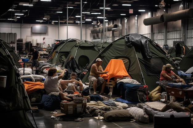 Refugios de emergencia y centros de evacuación llenos de residentes desplazados durante un huracán