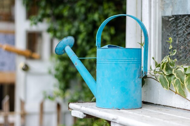 Regadera azul vintage en un jardín al aire libre