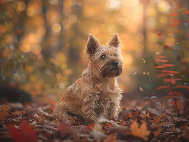 Foto regal cairn terrier sitzt friedlich in einem üppigen wald