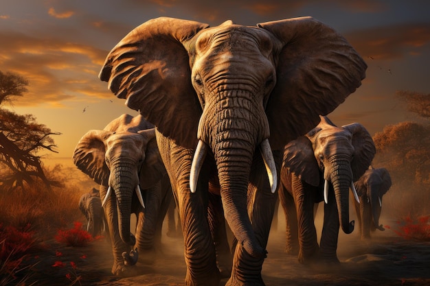 Regal Elephants Uma manada de elefantes caminhando pelas vastas planícies