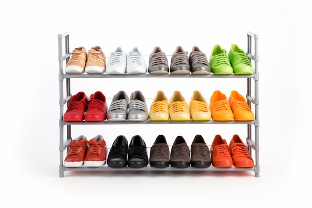 Regal mit vielen Schuhpaaren auf einer weißen oder klaren Oberfläche PNG durchsichtiger Hintergrund