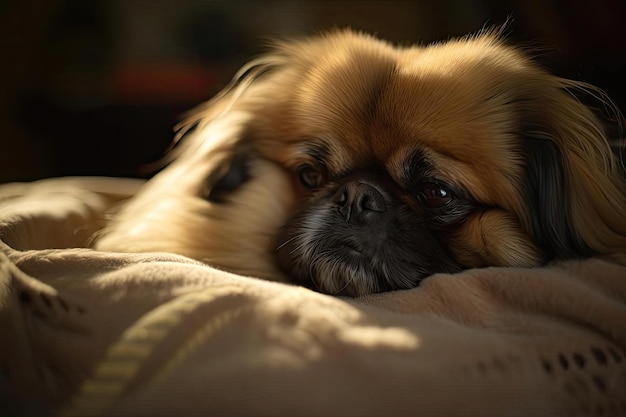 Regal perro pequinés descansando con un Royal Air