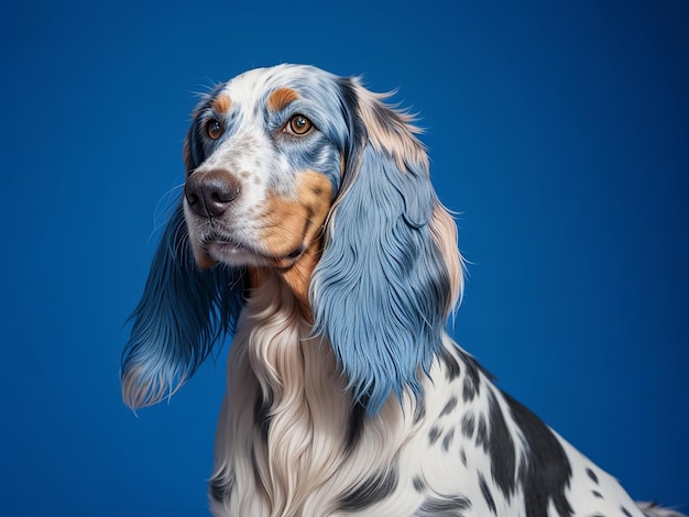 Foto regal setter inglês em um estúdio azul