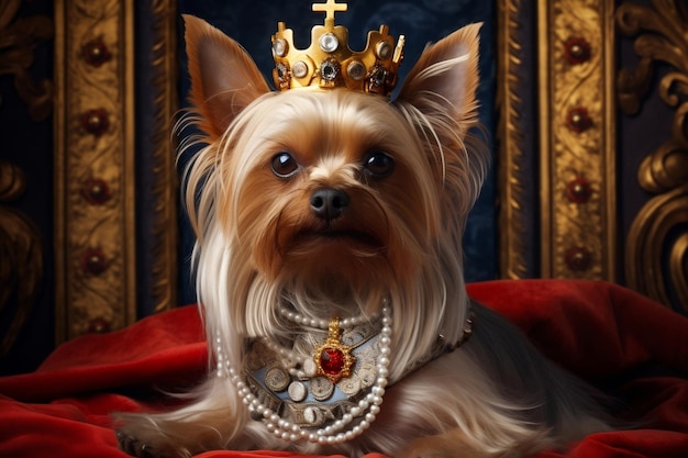 Regal Yorkshire Terrier Ein Nahaufnahmeporträt mit einer generativen KI mit goldener Krone