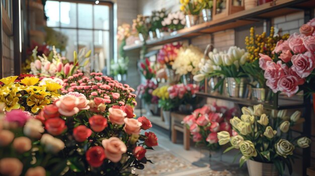 Regale mit Blumen in einem Blumenladen Blumenladenkonzept