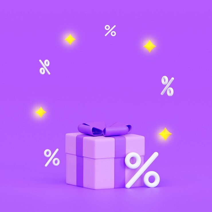 Regalo 3d con estrellas redondas brillantes en un marco y porcentajes para un logo o texto
