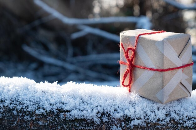 Regalo de año nuevo en árbol nevado con espacio de copia.