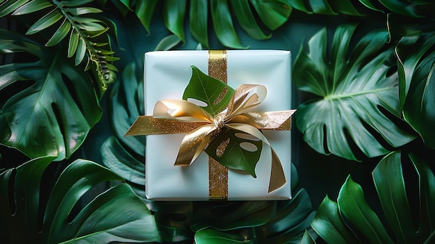 Foto un regalo blanco con una cinta de oro atada a su alrededor