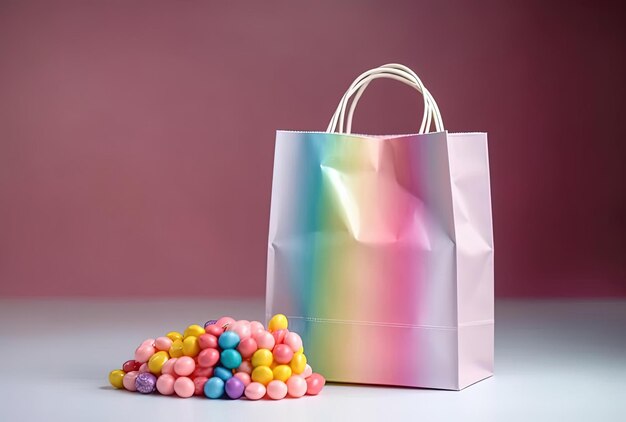 Foto regalo en una bolsa de papel blanco con caramelos de colores arco iris en el dorso rosa