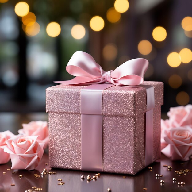 un regalo con una cinta rosa y un lazo rosa