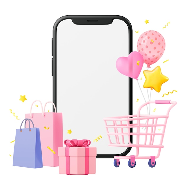 Regalo de cumpleaños png compras ilustración 3D de teléfono inteligente en fondo transparente