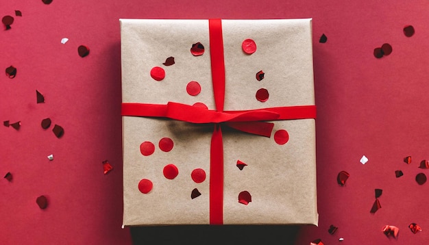 Un regalo envuelto en papel marrón con cinta roja y corazones rojos en la parte superior.