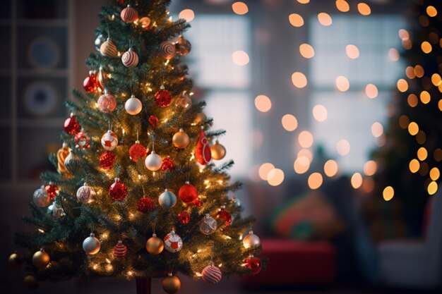 Regalo interior de árbol de Navidad decorado y árbol de Navidad con juguetes y guirnaldas generados por IA