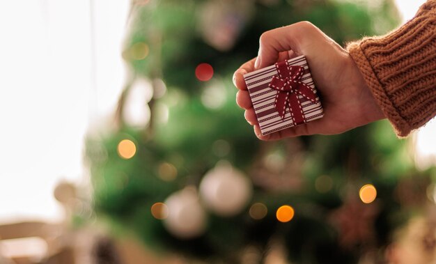 Regalo en mano, árbol de Navidad de fondo bokeh