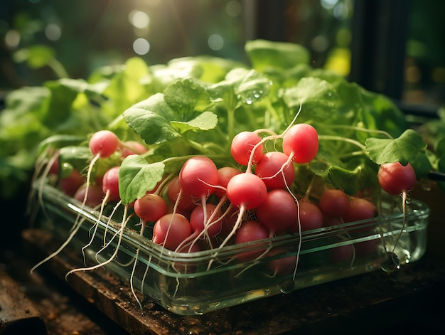 Un regalo de la naturaleza Una abundante caja de vidrio que muestra las mejores frutas y verduras de la naturaleza