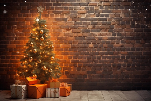 Regalo de navidad y árbol de navidad con fondo de pared de ladrillo naranja y claro