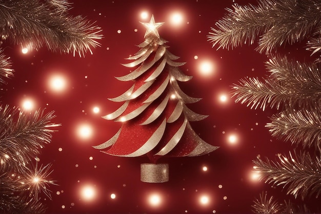 Regalo de Navidad con árbol de Navidad y luces bokeh brillantes sobre fondo de lienzo rojo