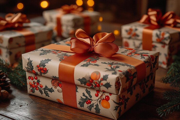 Regalo de Navidad bellamente envuelto con decoraciones festivas y elementos naturales IA generativa