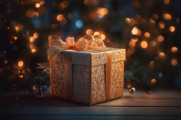 Un regalo de navidad con una cinta dorada y un lazo dorado se sienta en una mesa de madera.