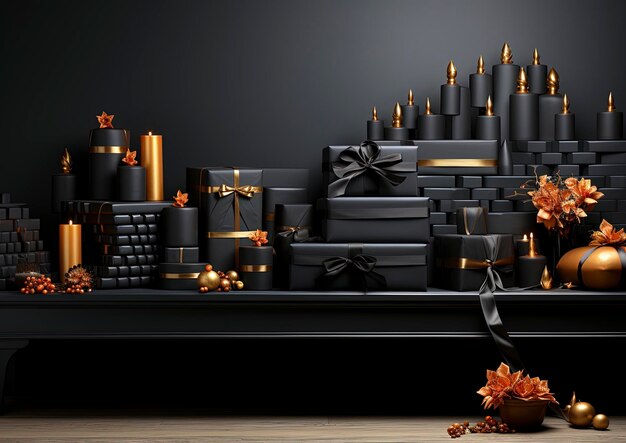 Regalo de Navidad cintas y adornos de oro negro y oro caja de regalo de oro negro