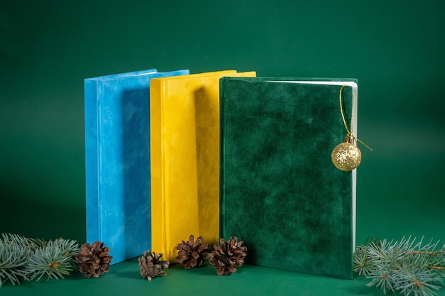 Regalo de Navidad Cuaderno como regalo de Navidad Primer plano de un cuaderno esponjoso de terciopelo en blanco sobre fondo verde con trazado de recorte