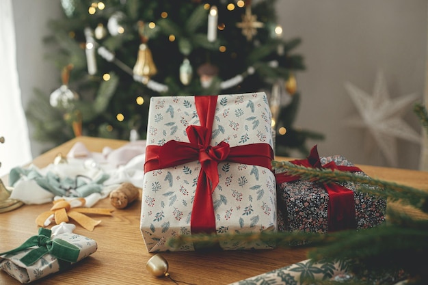 Regalo de Navidad elegante con cinta roja de cerca en una mesa rústica con decoraciones festivas en el fondo de un árbol vintage decorado moderno en una habitación escandinava Feliz Navidad y felices fiestas