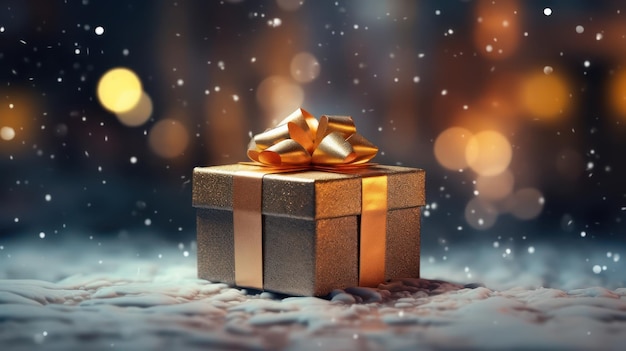 Regalo de Navidad o caja de regalos árbol de abeto nevado y decoración navideña contra fondo bokeh