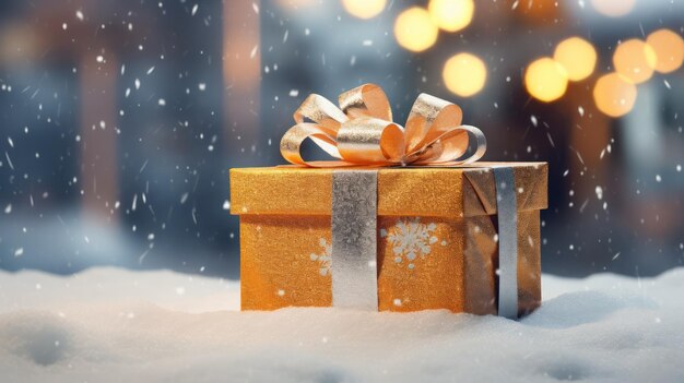 Regalo de Navidad o caja de regalos árbol de abeto nevado y decoración navideña contra fondo bokeh
