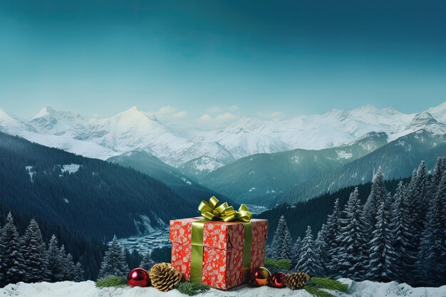 Foto un regalo de navidad sentado en la cima de una colina cubierta de nieve